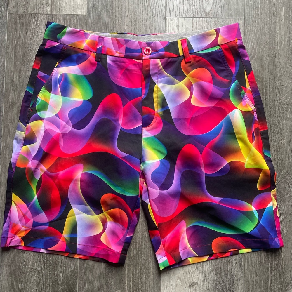 Men's Hreski Black Multicolor Abstract Wave Print Flat-Front Golf Shorts